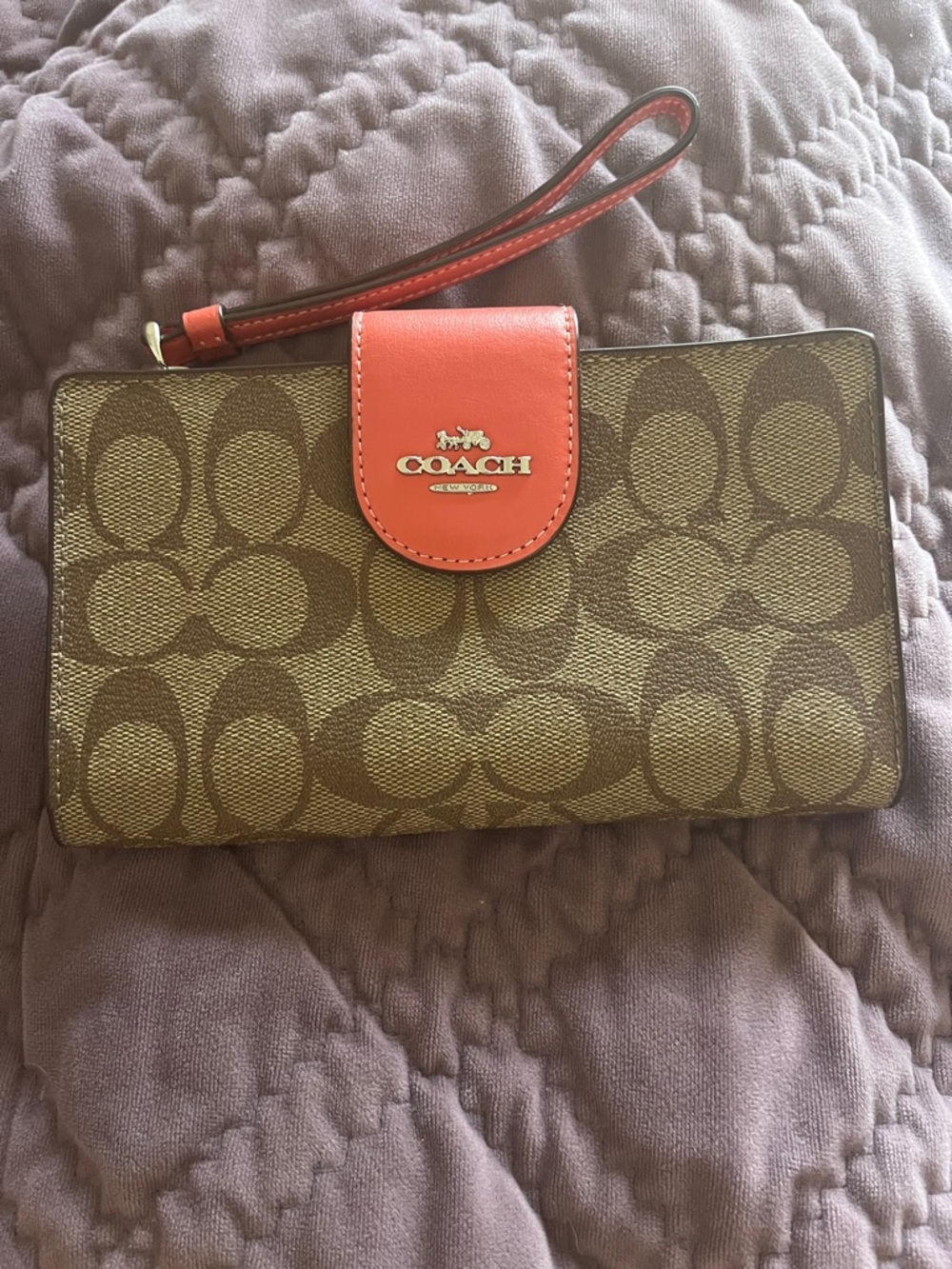 Coach Brown Signature Phone Wallet with Coral Snap and Strap